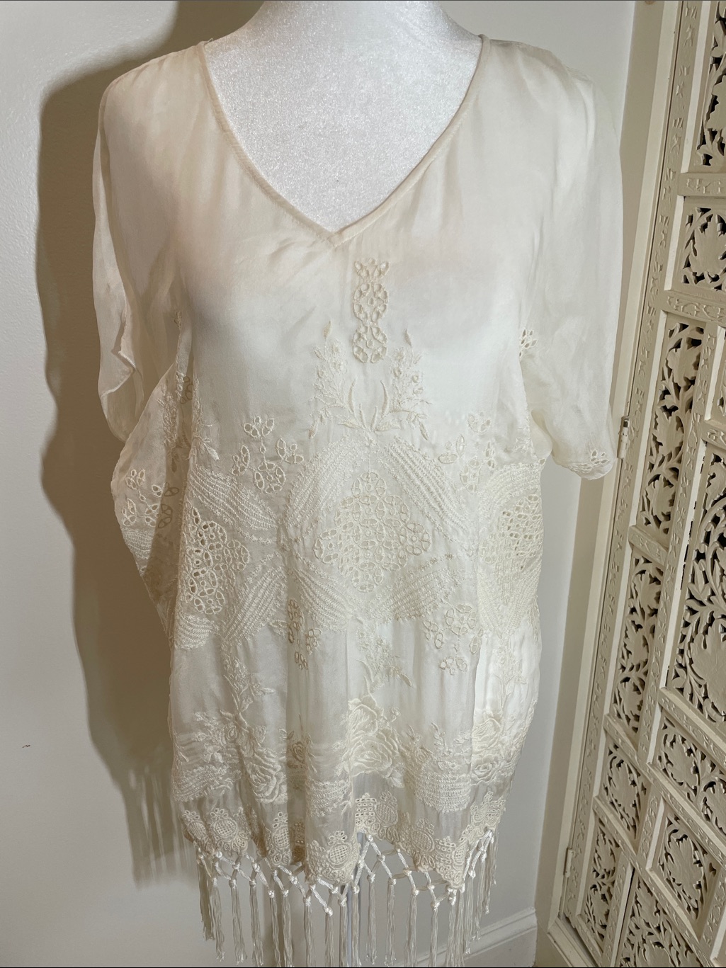 Boho Ivory Embroidered V-Neck Fringe Tunic
